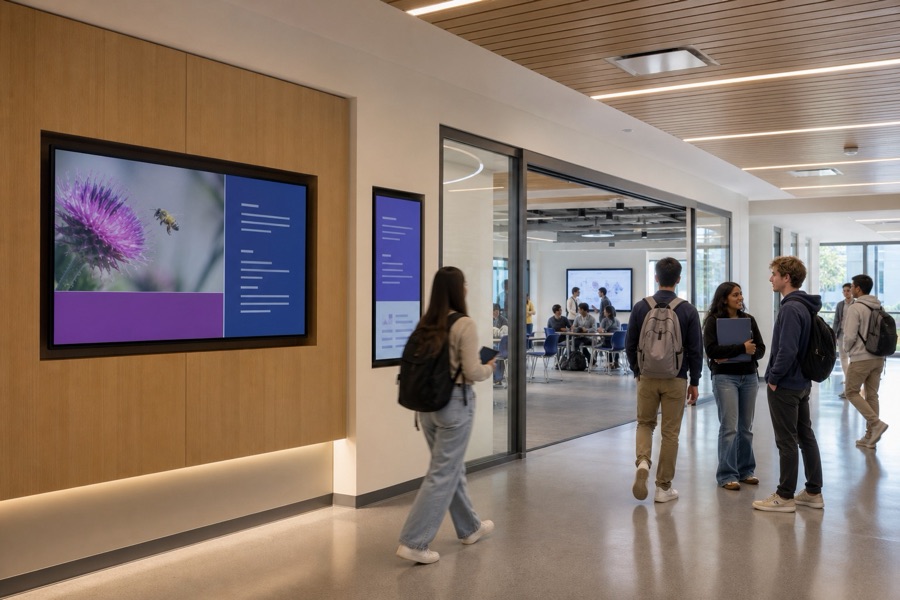 A campus corridor screen beside students walking between classes