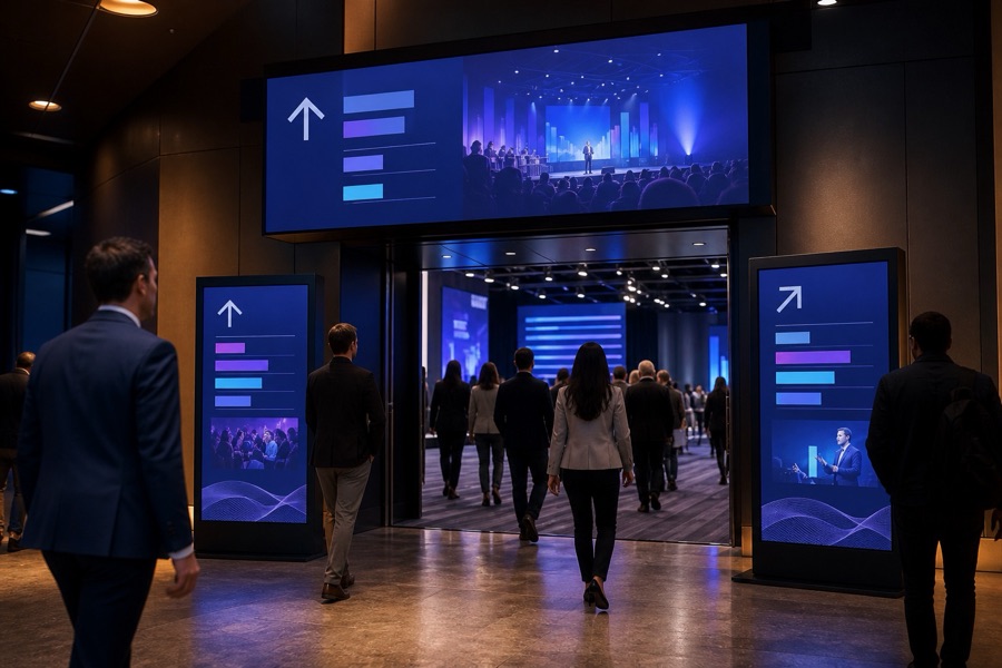 Wayfinding screens at the entrance to a conference hall