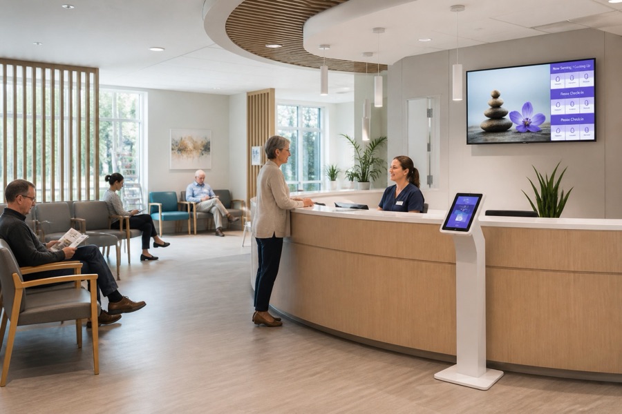 A check-in screen and queue display in a clinic waiting room