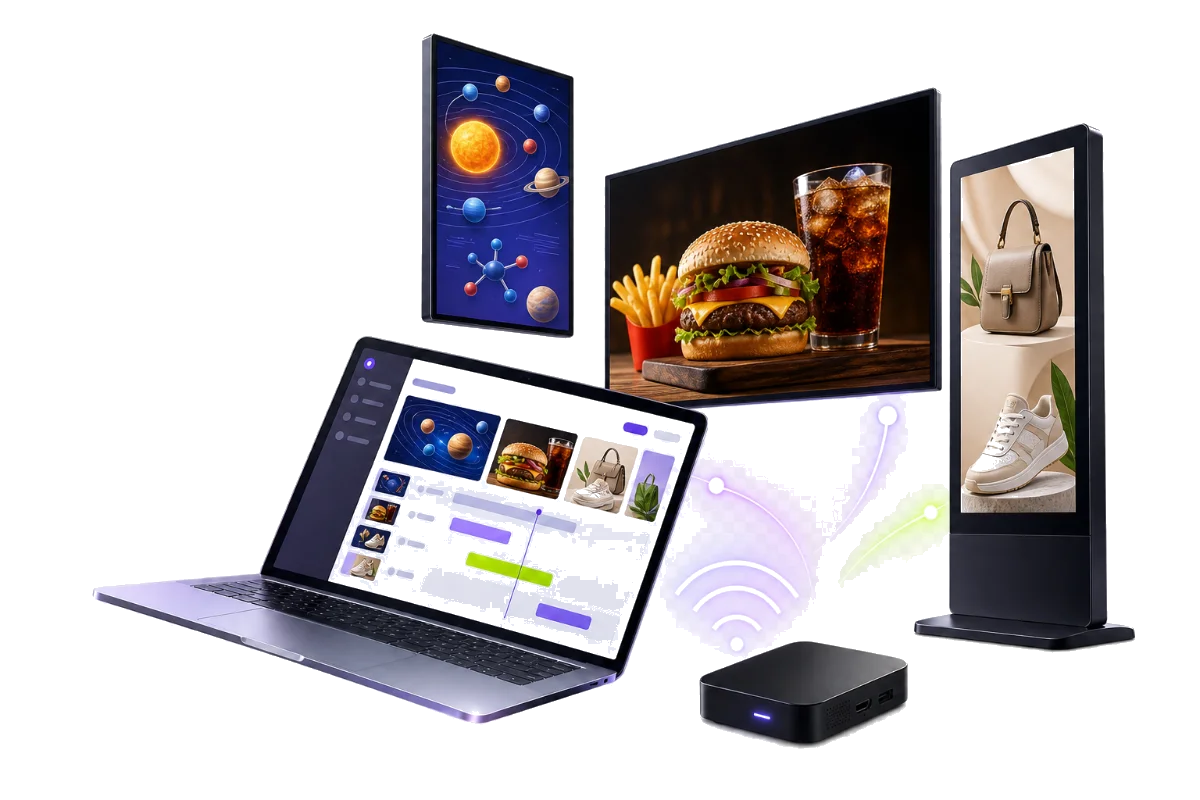 A laptop showing the Adsign pairing screen beside a TV playing a playlist