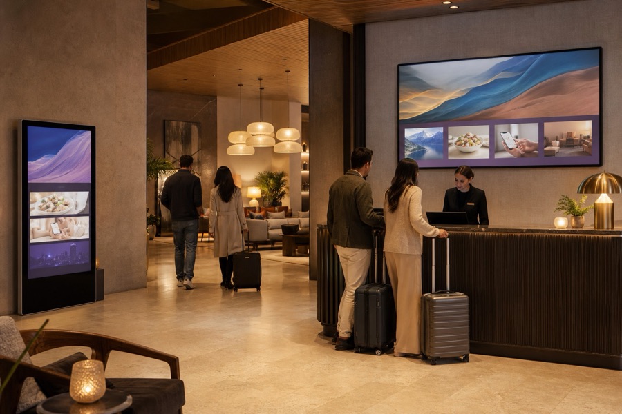 A hotel lobby screen behind the reception desk