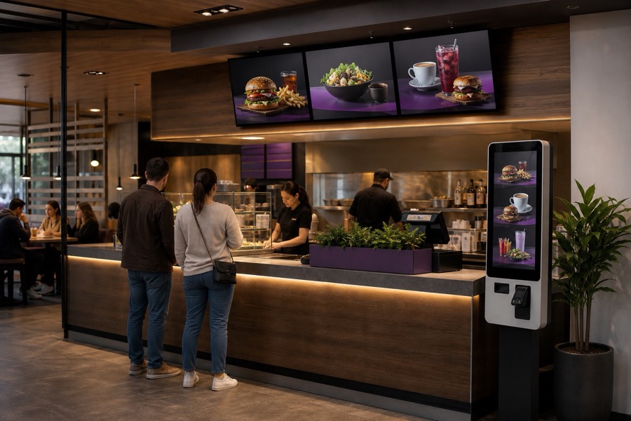 Menu boards above a café counter, with a self-order kiosk beside it