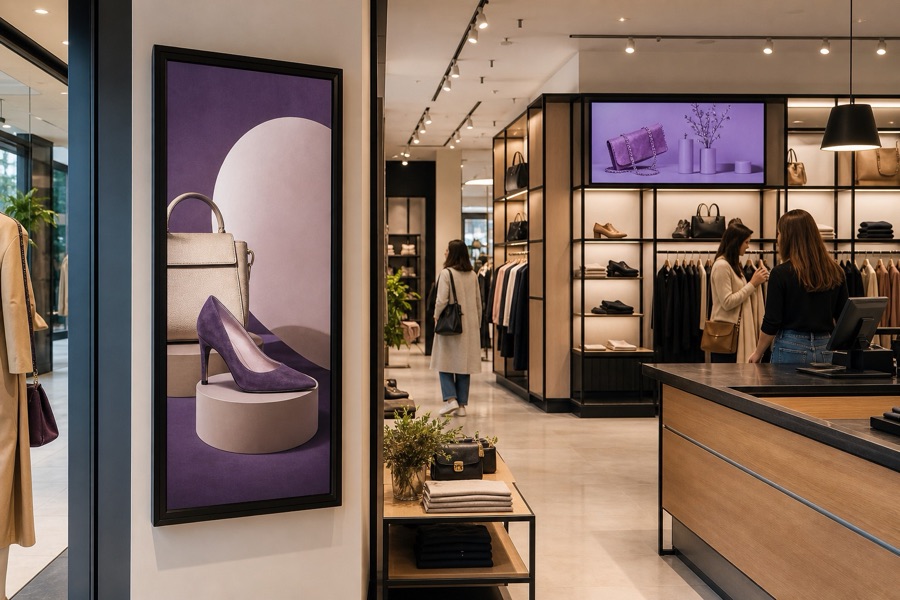 Product screens on a clothing shop floor
